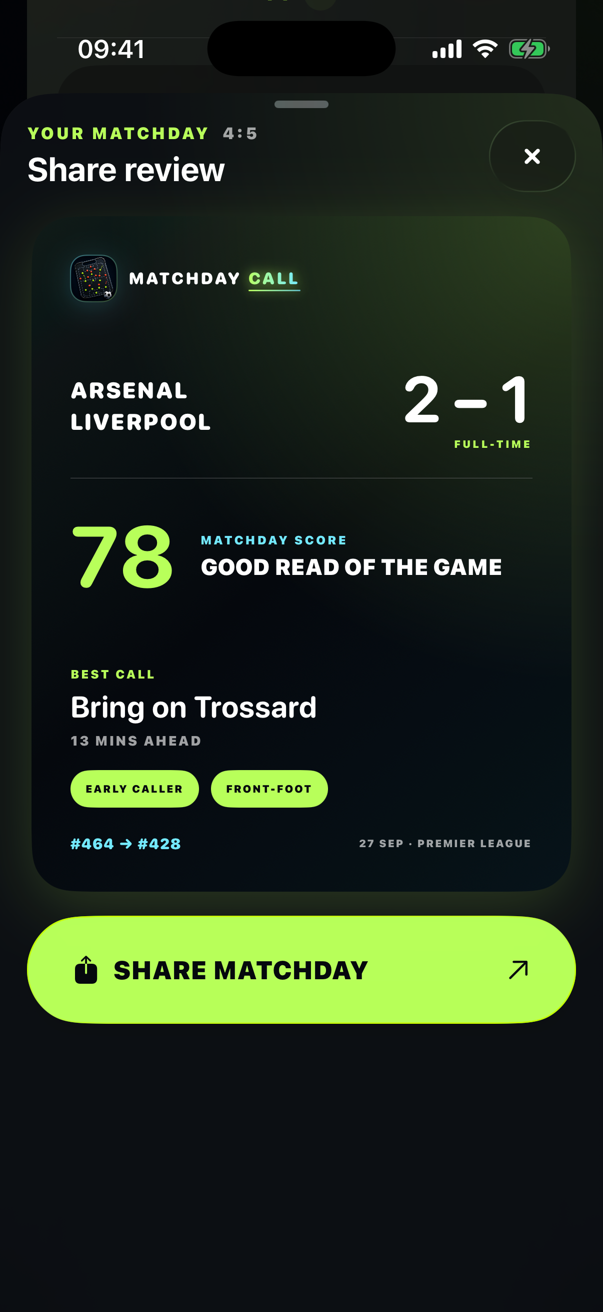 Post-match review and score inside Matchday Call