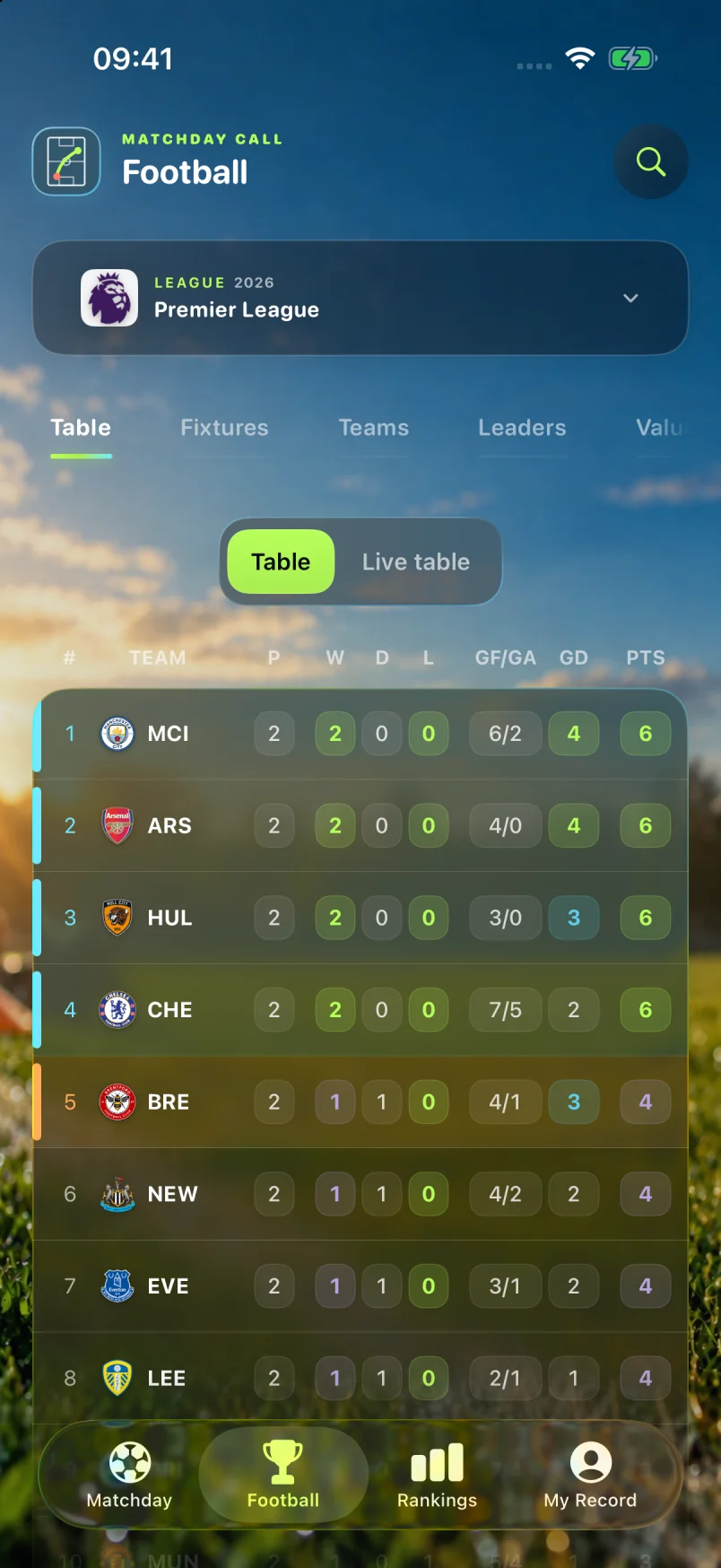Matchday Call Football hub with a competition table and season navigation