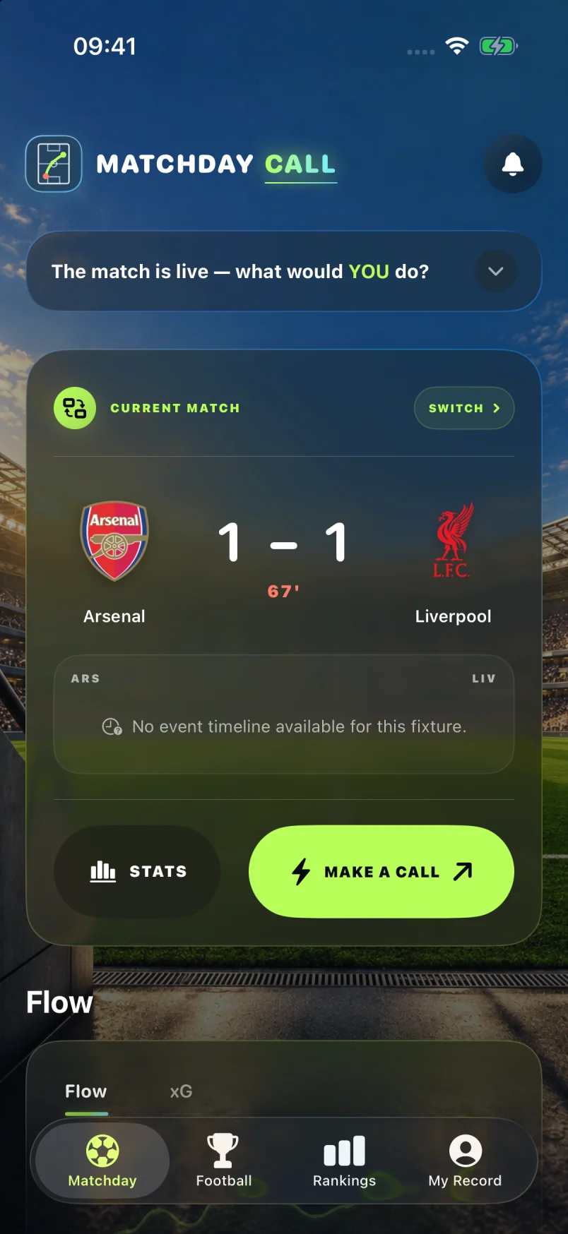 Matchday Call live match screen with the match timeline and Make a Call entry point