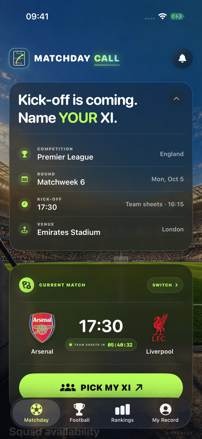 Matchday Call pre-match screen showing the Starting XI and preparation for a fixture